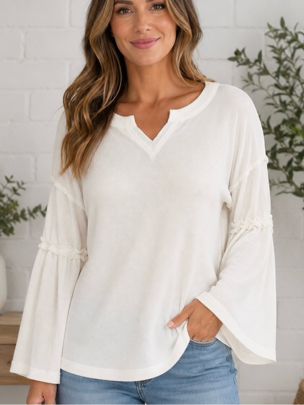 BAEA Waffle Knit Top Large Boho Thermal V Neck Bell Sleeve NWT